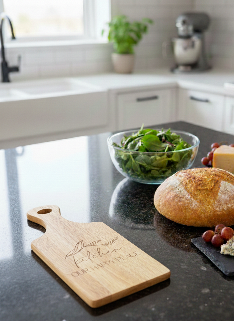 Engraved light oak serving board on a glossy speckled black counter beside rustic bread, salad, grapes, and cheese.