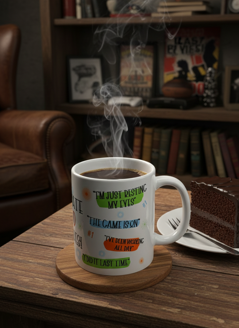 A white ceramic mug featuring colourful text graphics, filled with steaming black coffee. It sits on a wooden coaster atop a rustic dark wood coffee table. To the right, a slice of rich chocolate layer cake is served on a white plate with a fork. The background is a cosy, dimly lit "man cave" or study, featuring a brown leather armchair and a bookshelf filled with books and framed memorabilia.