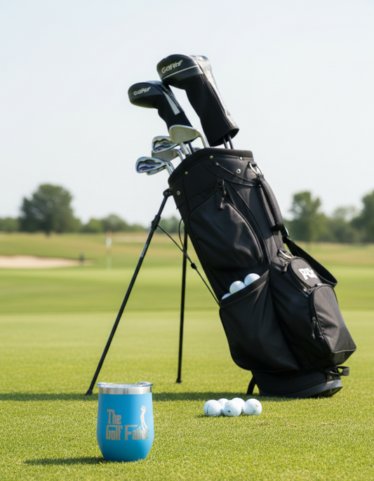 Black golf bag and clubs on a bright green course, next to a cyan tumbler. Four golf balls lie nearby.