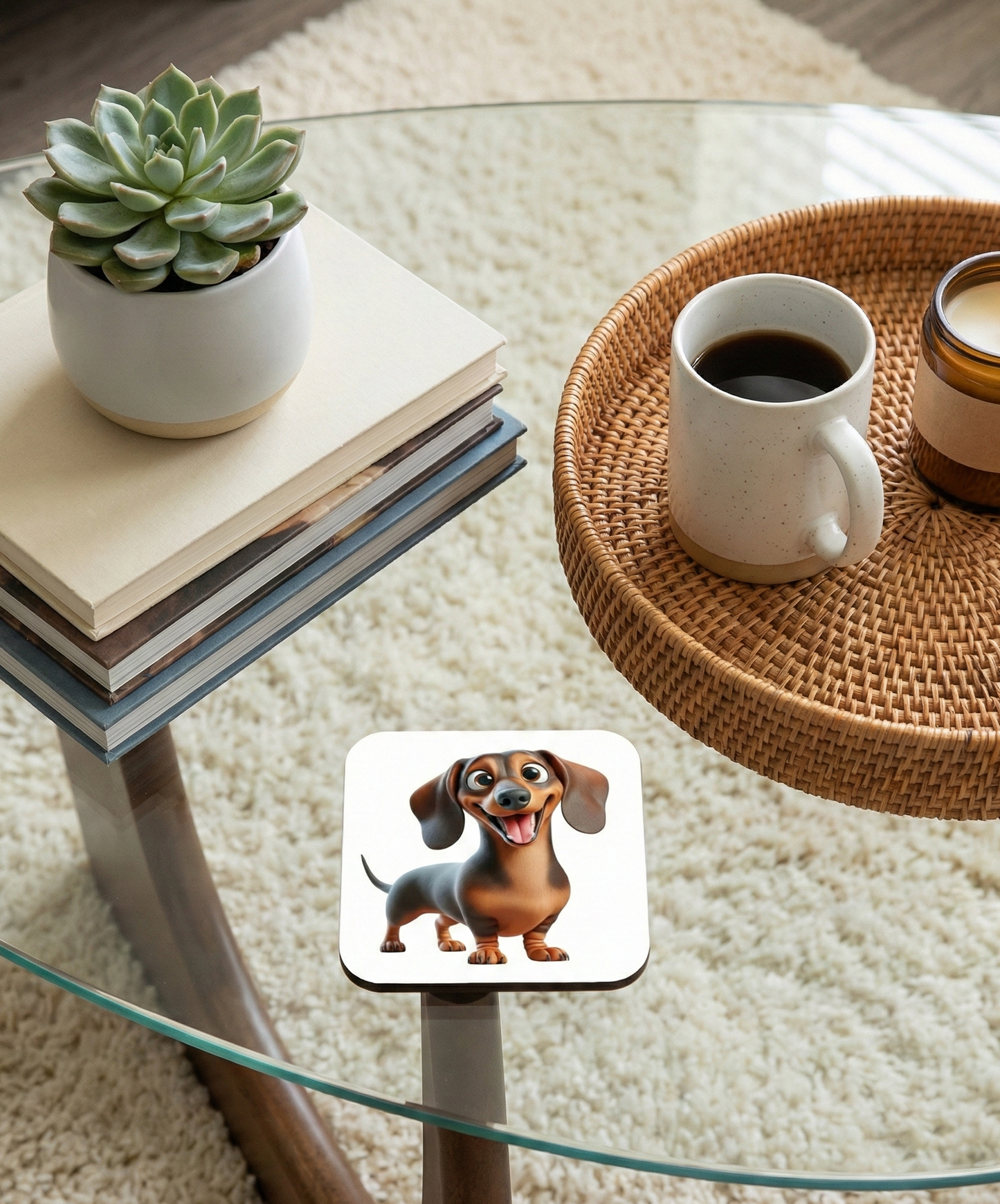 Dachshund dog coaster on a glass table. A white succulent pot and coffee in a wicker tray sit on a cream rug.