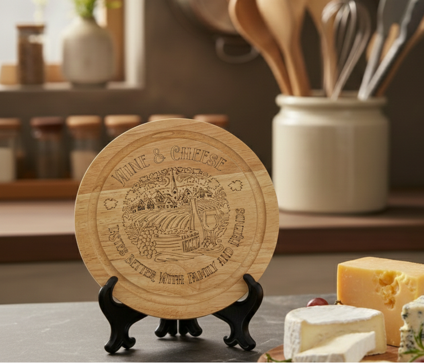 Engraved circular light brown wooden cheese board displayed on a black easel. Cheese blocks lie below; blurry kitchen background.