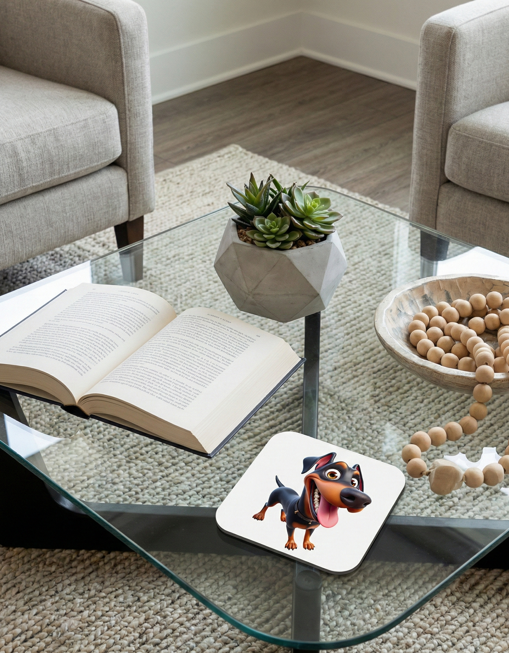 Happy Doberman dog coaster on a glass table. An open book and wooden bead bowl sit nearby on a grey rug.