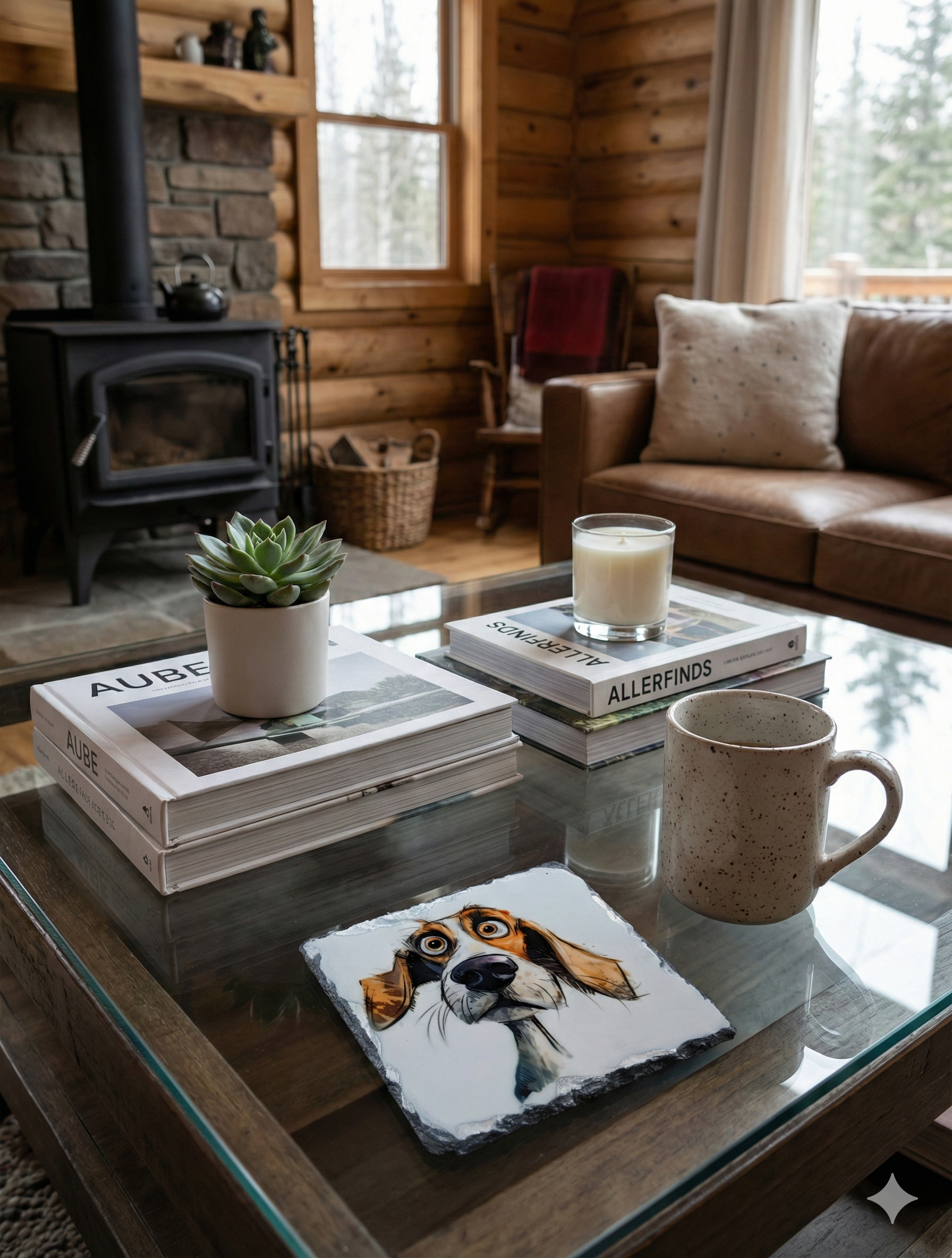 Square coaster with a wide-angle brown dog face, on a glass table with books and a white candle.