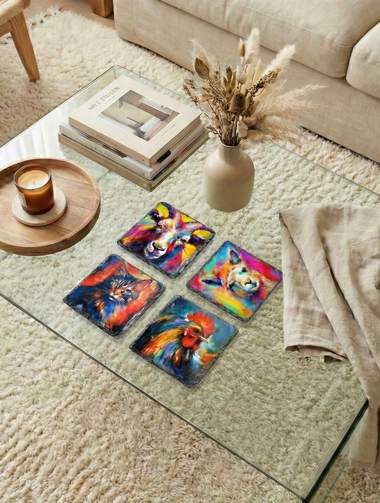 Four square slate coasters featuring vibrant, abstract, colourful animal portraits on a glass table.