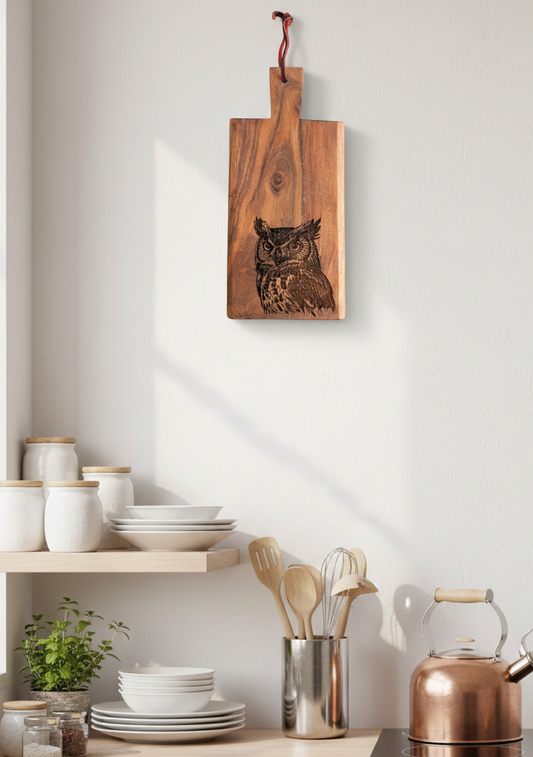 Richly grained, dark brown cutting board featuring a detailed engraved owl design, hanging on a bright white wall.
