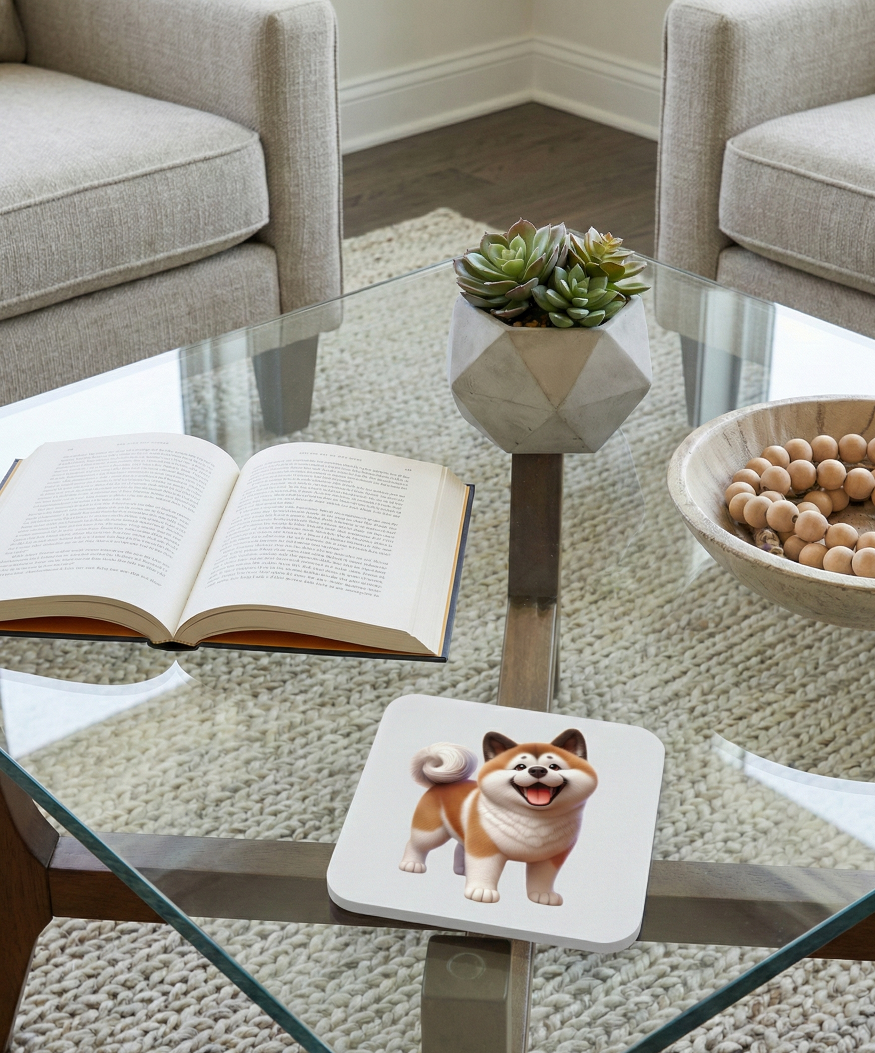 Smiling Akita dog coaster on a glass coffee table. Light-coloured armchairs and a grey textured rug frame the scene.