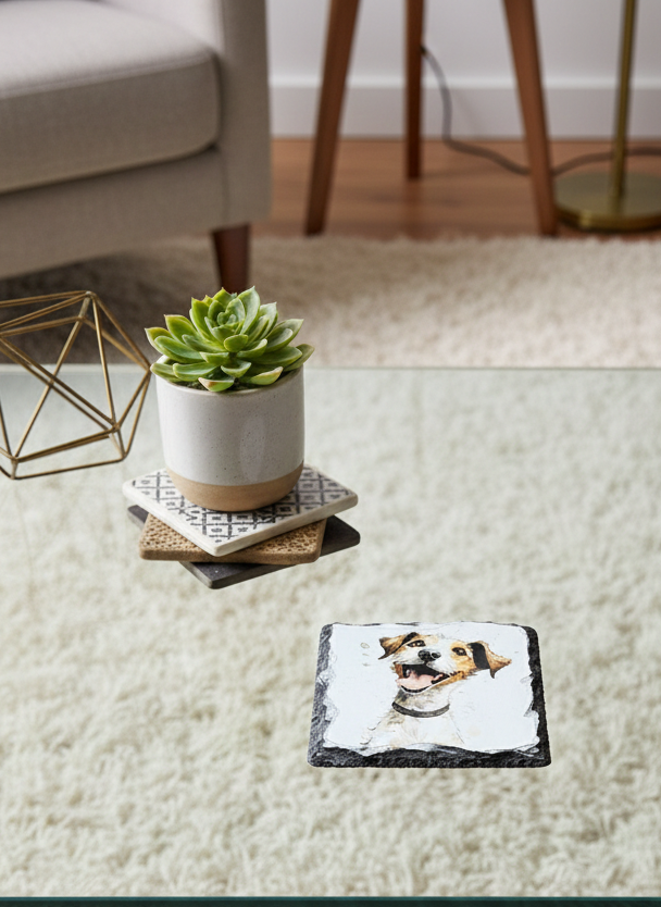 Square slate coaster with a small brown and white dog, on a glass table over a thick cream-coloured rug.