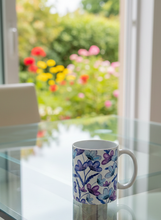 Ceramic mug with purple floral pattern on a glass table overlooking a garden