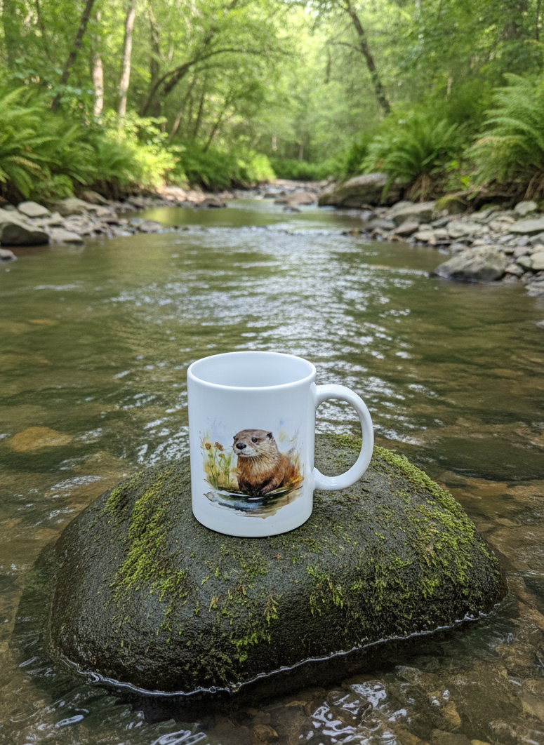A white ceramic mug with an otter illustration sits on a large, dark green mossy boulder mid-stream. Lush forest lines the water banks.