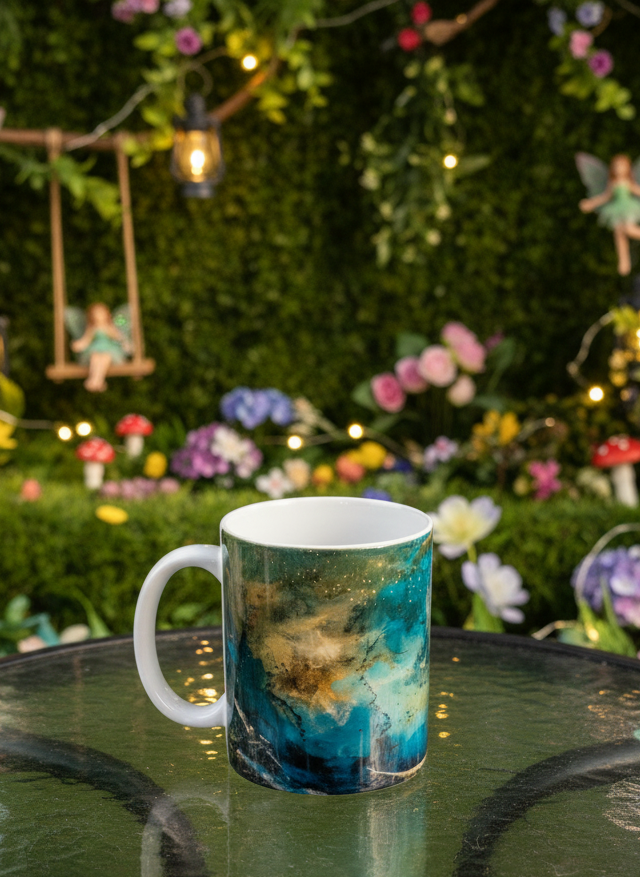 White ceramic mug with glossy abstract design; deep turquoise, gold, and white speckles suggesting a galaxy.