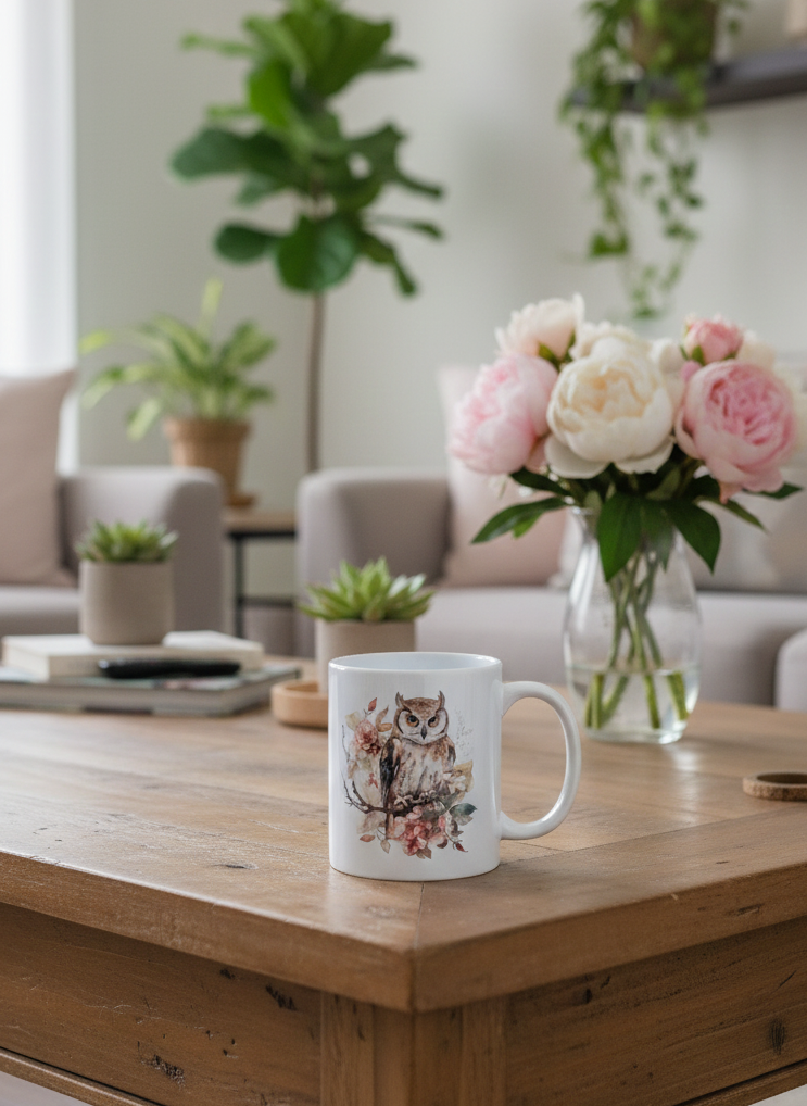 White ceramic mug with watercolour owl and floral print on a textured wooden coffee table beside pink peonies.