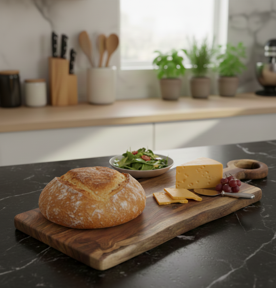 Large Acacia wood serving platter on a dark marble kitchen counter, styled with a fresh loaf of artisan bread, a side salad, and gourmet cheeses in a well-lit kitchen.