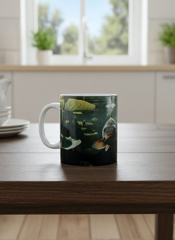 White ceramic mug on a dark wooden table. It displays a realistic Colour illustration of a carp in murky green water with lily pads.