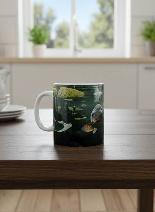 White ceramic mug on a dark wooden table. It displays a realistic Colour illustration of a carp in murky green water with lily pads.