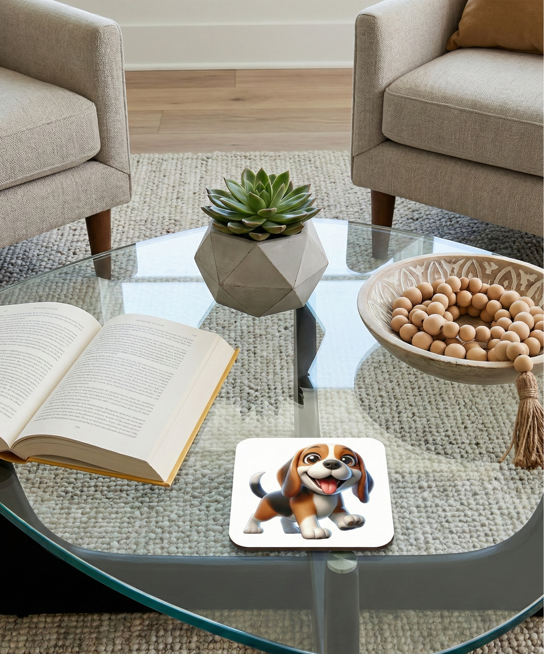 Cheerful Beagle dog coaster on a glass table. A geometric succulent pot and wooden beads are in the background.
