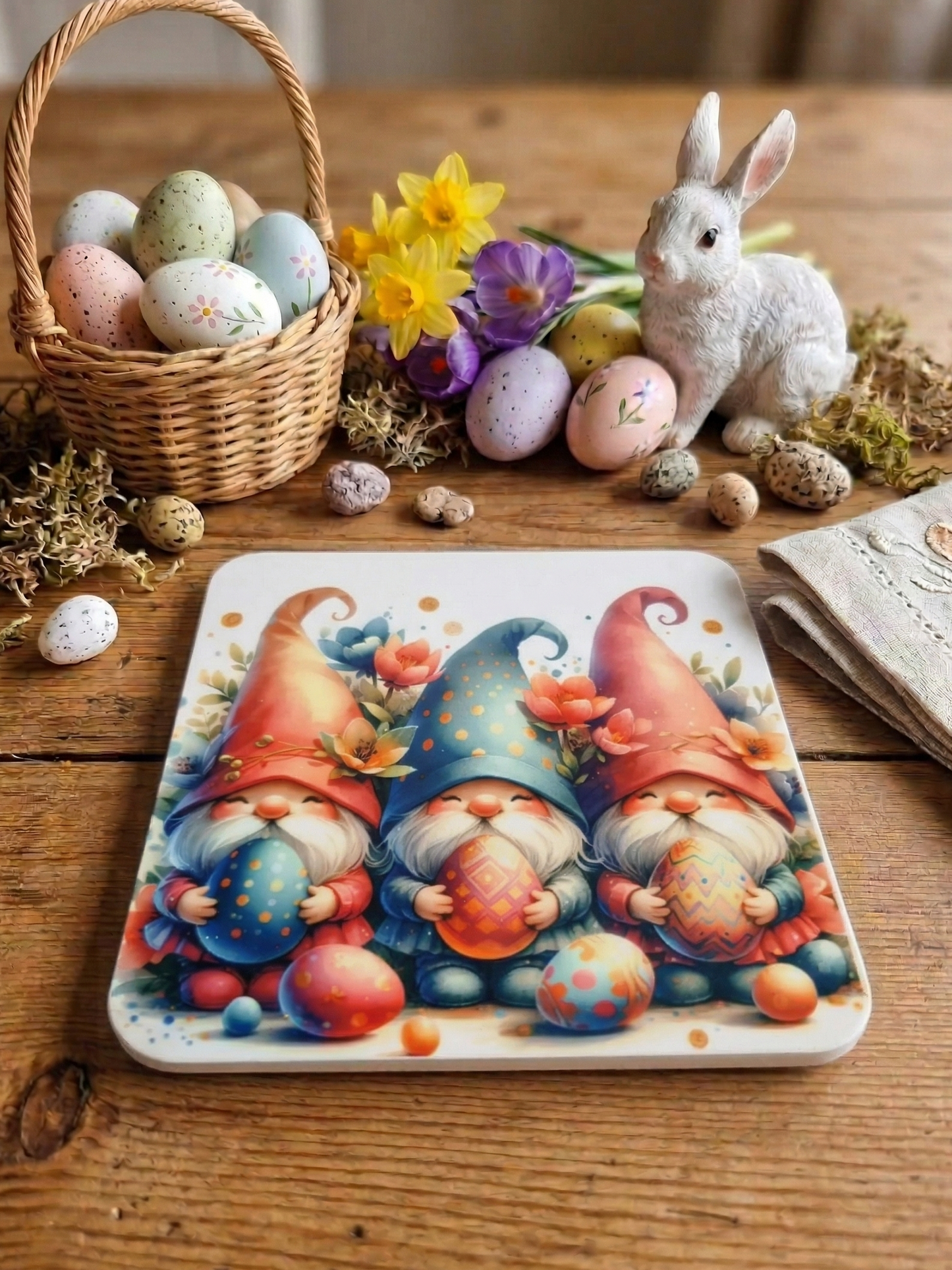 A coaster depicting three gnomes holding patterned eggs, on a wooden table with spring flowers and a woven basket.