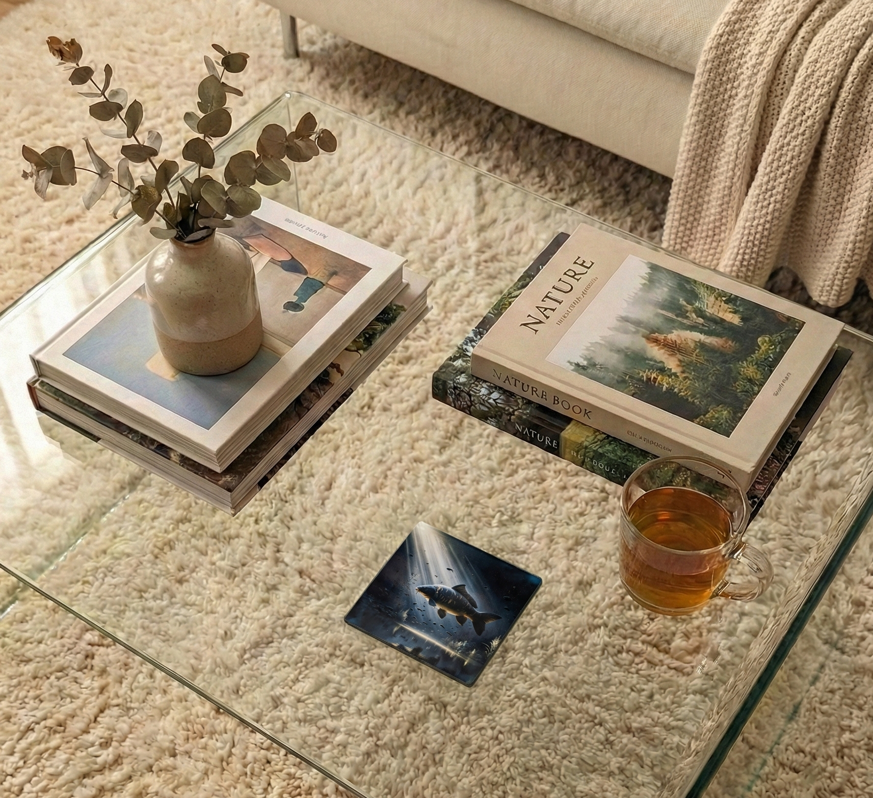 A square coaster shows a solitary carp silhouetted by dramatic sunbeams underwater. Warm beige textures define the minimalist setting.