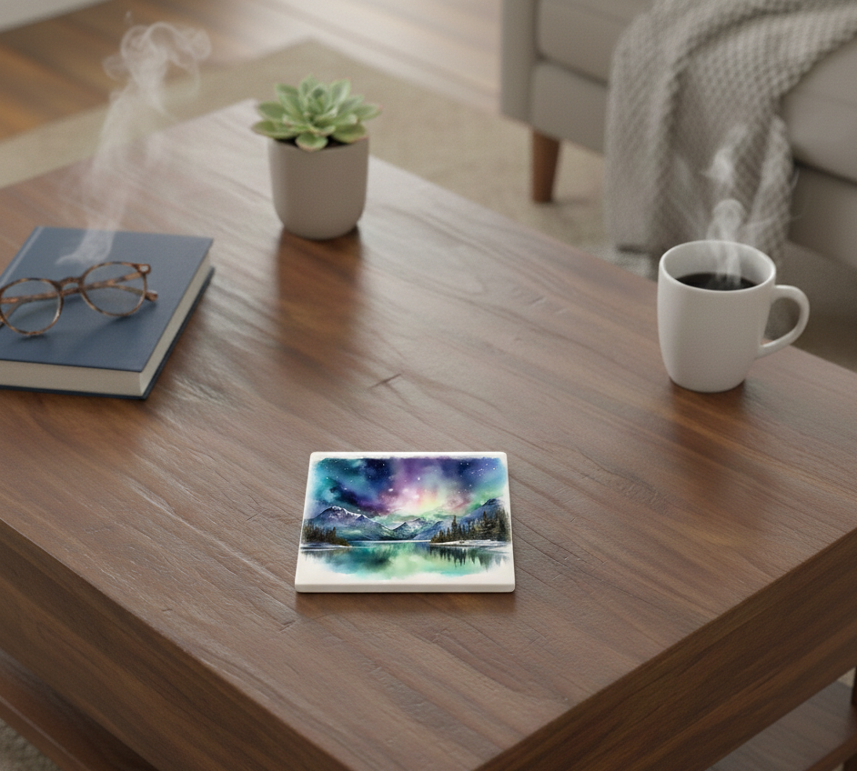 White square coaster showing a soft purple and green aurora reflected in a calm mountain lake on a dark wooden table.