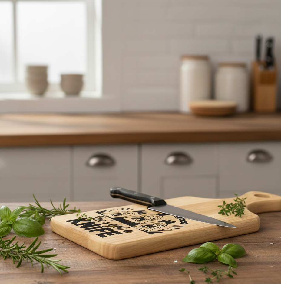 Small rectangular light wood chopping board lying flat on a wooden surface. A silver kitchen knife rests across the board.