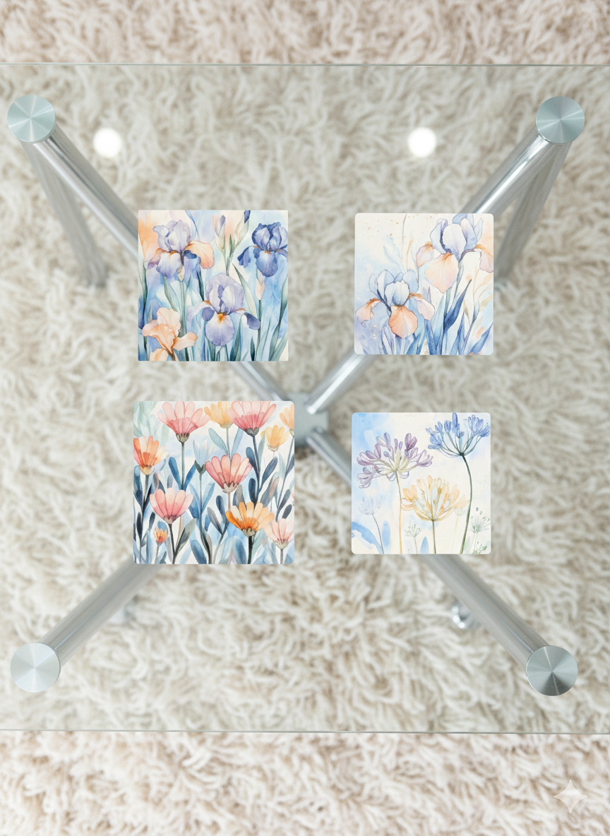 Four square coasters with watercolour floral designs on a glass table over a cream shag rug.