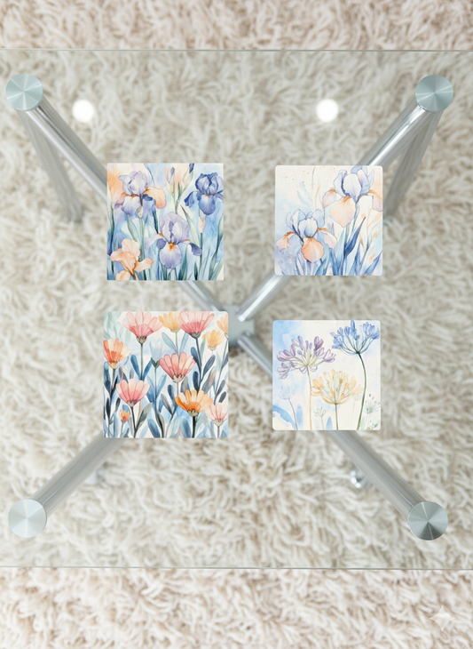 Four square coasters with watercolour floral designs on a glass table over a cream shag rug.