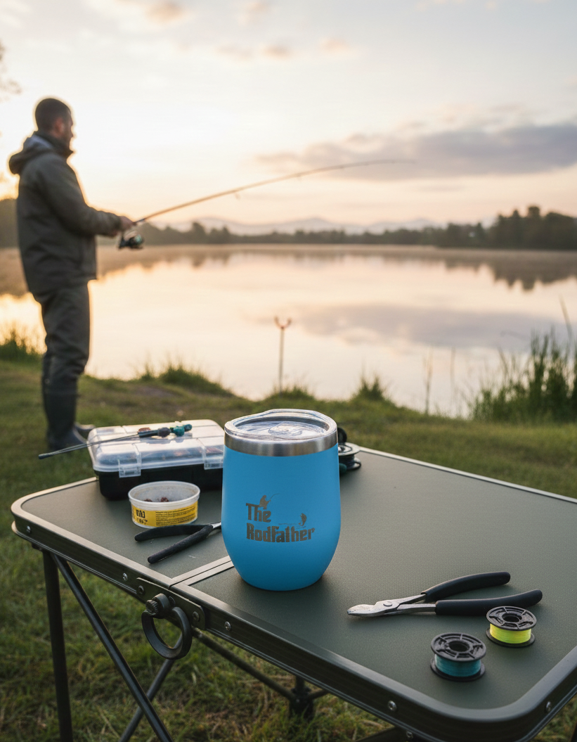 Matte azure blue insulated mug, marked 'The Rodfather', on a green folding table with pliers and line spools.