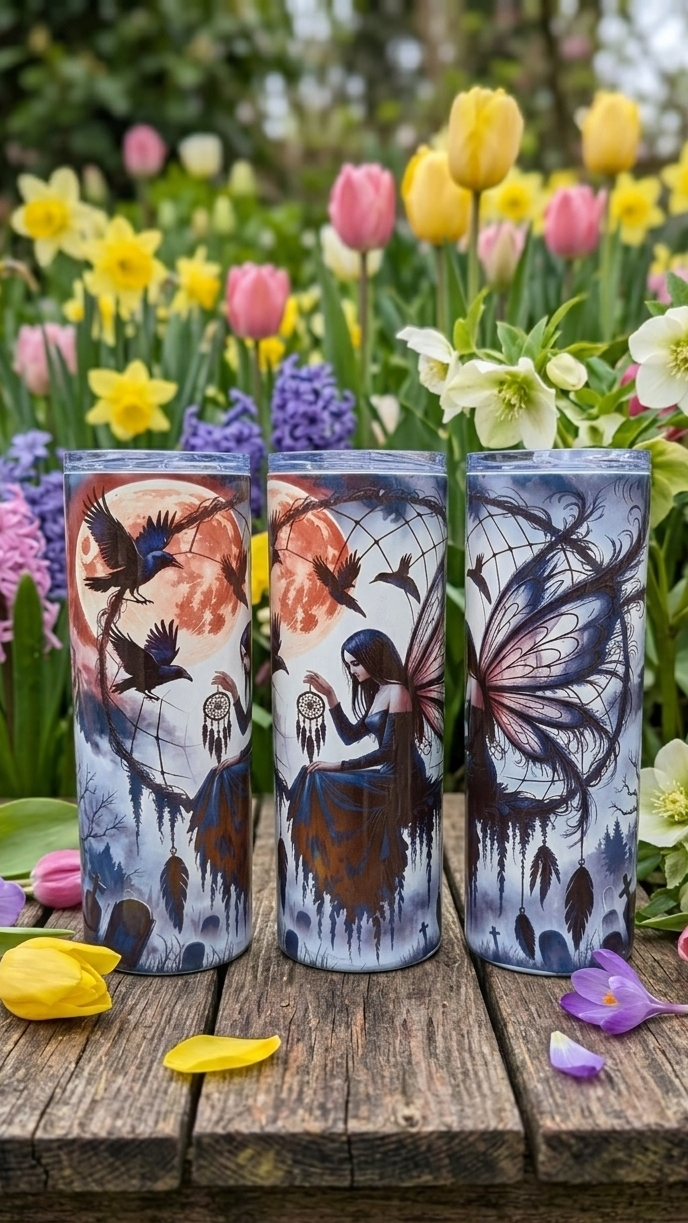 Three tall tumblers with gothic fairy and raven art, set against a colourful garden background of spring flowers.