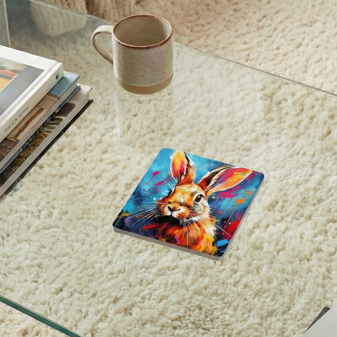 Square coaster featuring a vibrant, splash-art painting of a rabbit in shades of orange, yellow, and blue. On a glass surface.