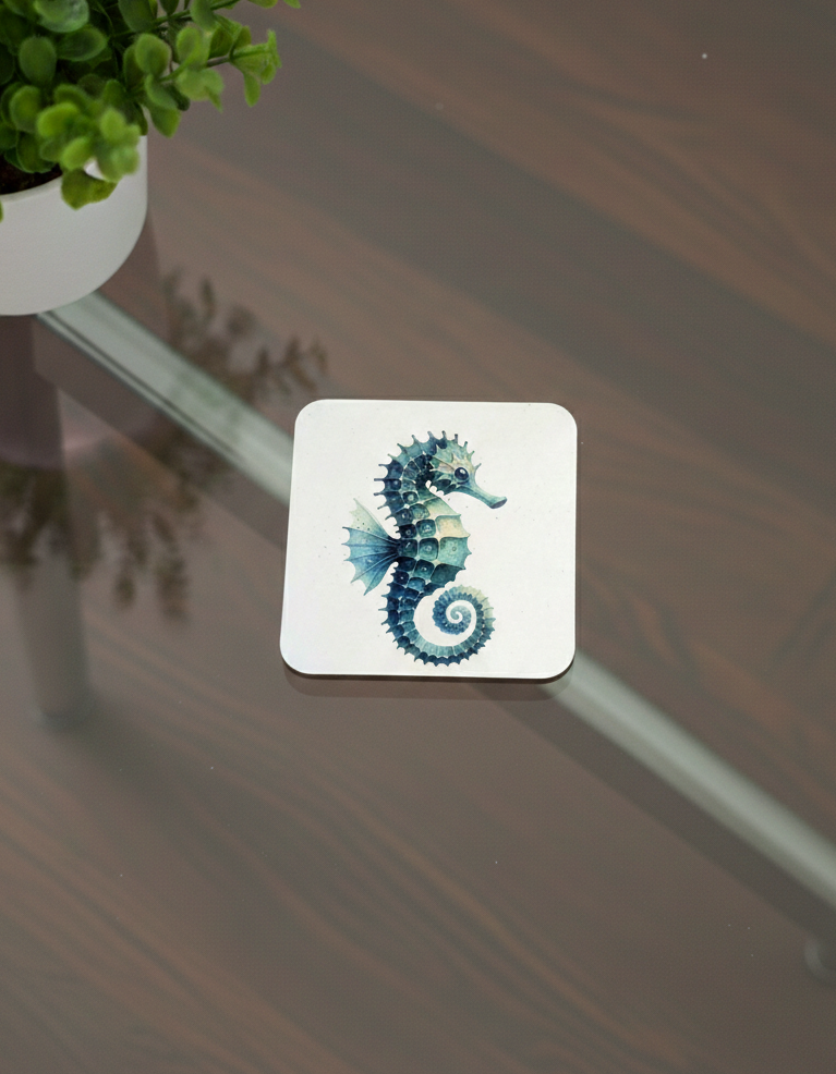 Square coaster with a detailed teal and blue seahorse illustration, showing its textured scales and curled tail.