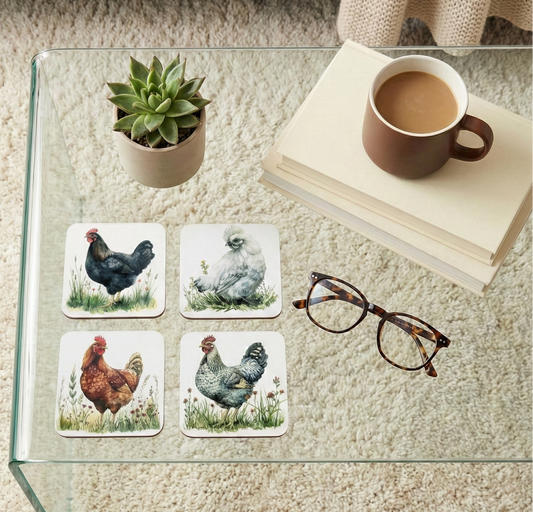 Four square coasters with Colourful chicken illustrations, next to a succulent, books, and coffee mug on a glass table.