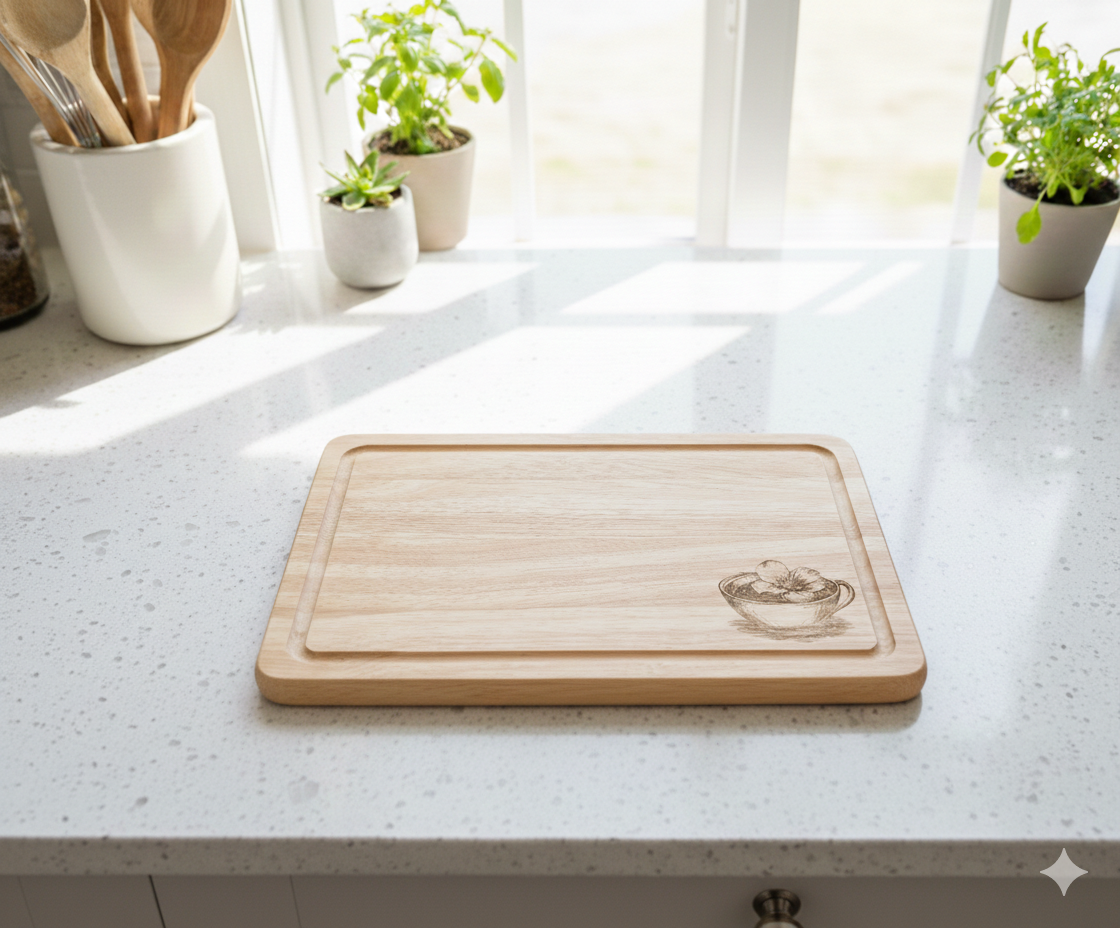 Rectangular pale wood cutting board with rounded corners and juice groove on white speckled quartz, illuminated by sunlight.
