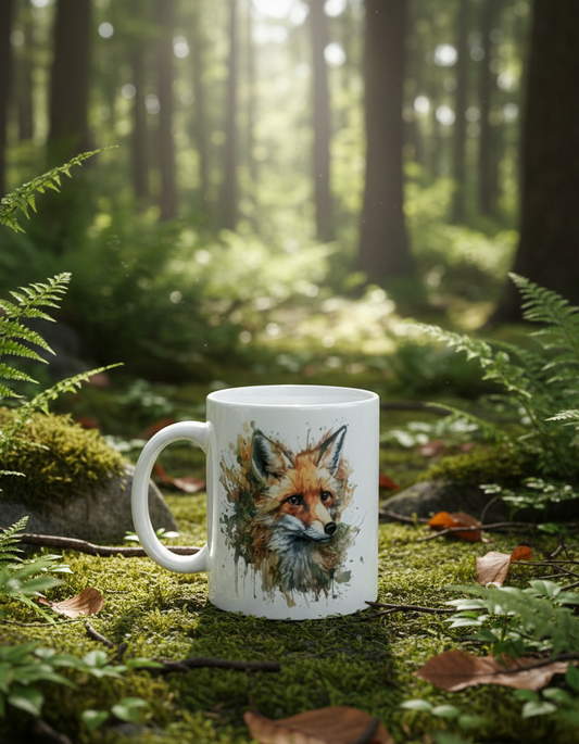 White ceramic mug featuring watercolour fox on bright green moss in a hazy, sunlit forest clearing.
