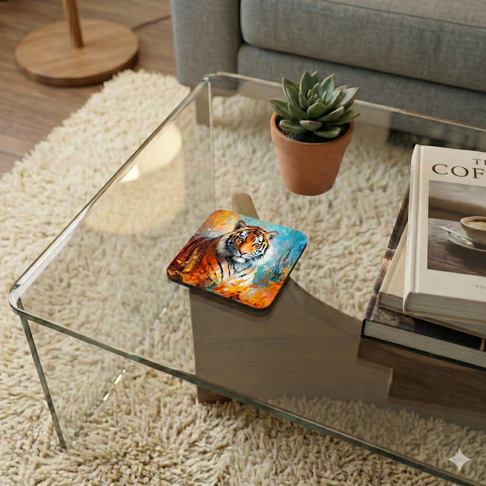 Square coaster showing an impressionistic painting of a tiger rendered in thick strokes of orange, white, and light blue.