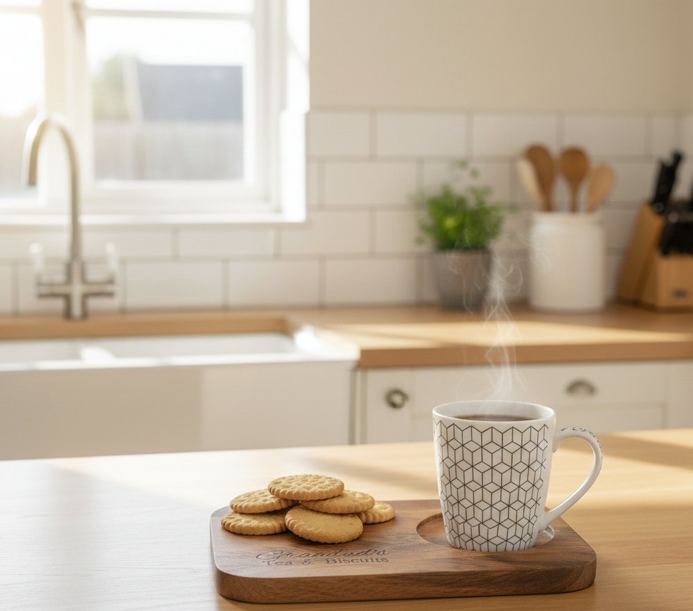 Steaming white mug with grey geometric pattern and light brown biscuits resting on a rectangular, dark wood serving board.