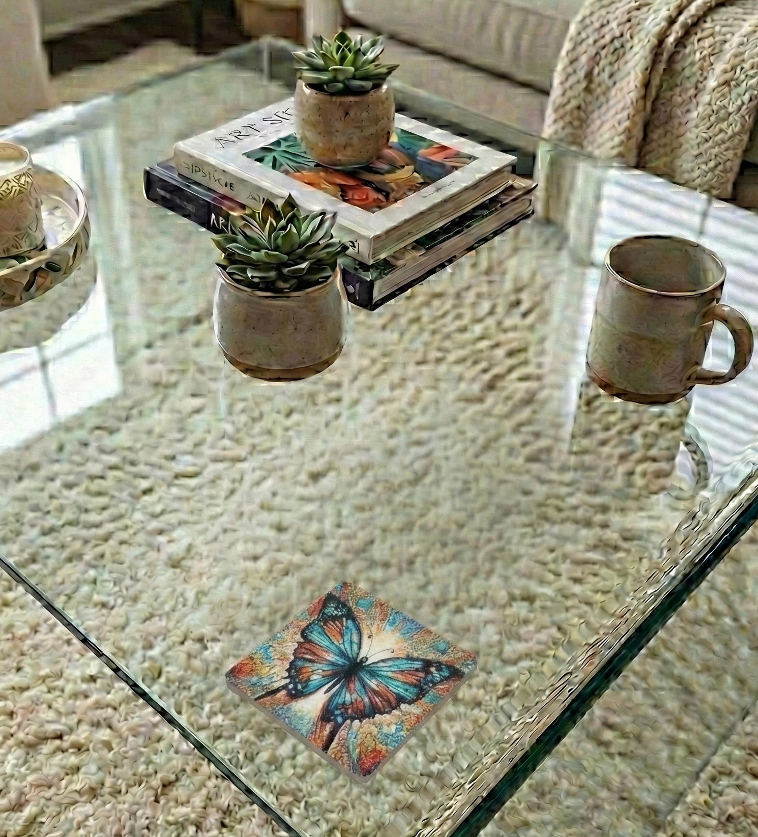 A vibrant blue and orange butterfly coaster sits beneath potted succulents and a beige mug on a glass table.