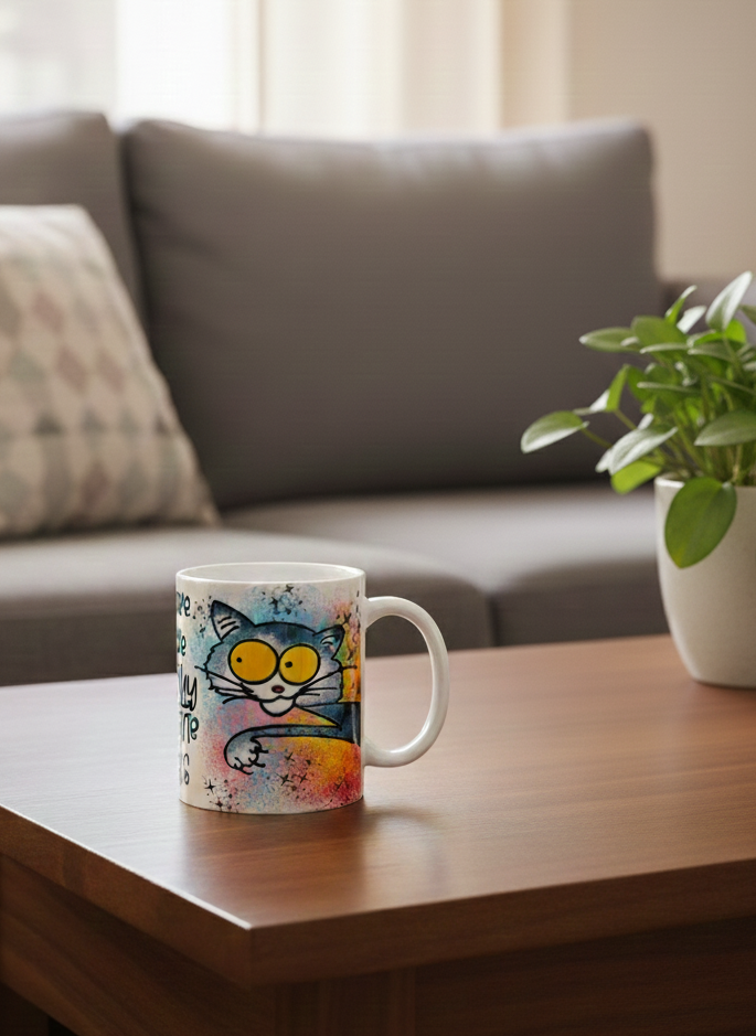 White mug with a cartoon cat illustration featuring wide yellow eyes on a vibrant watercolour background. Dark wooden table.