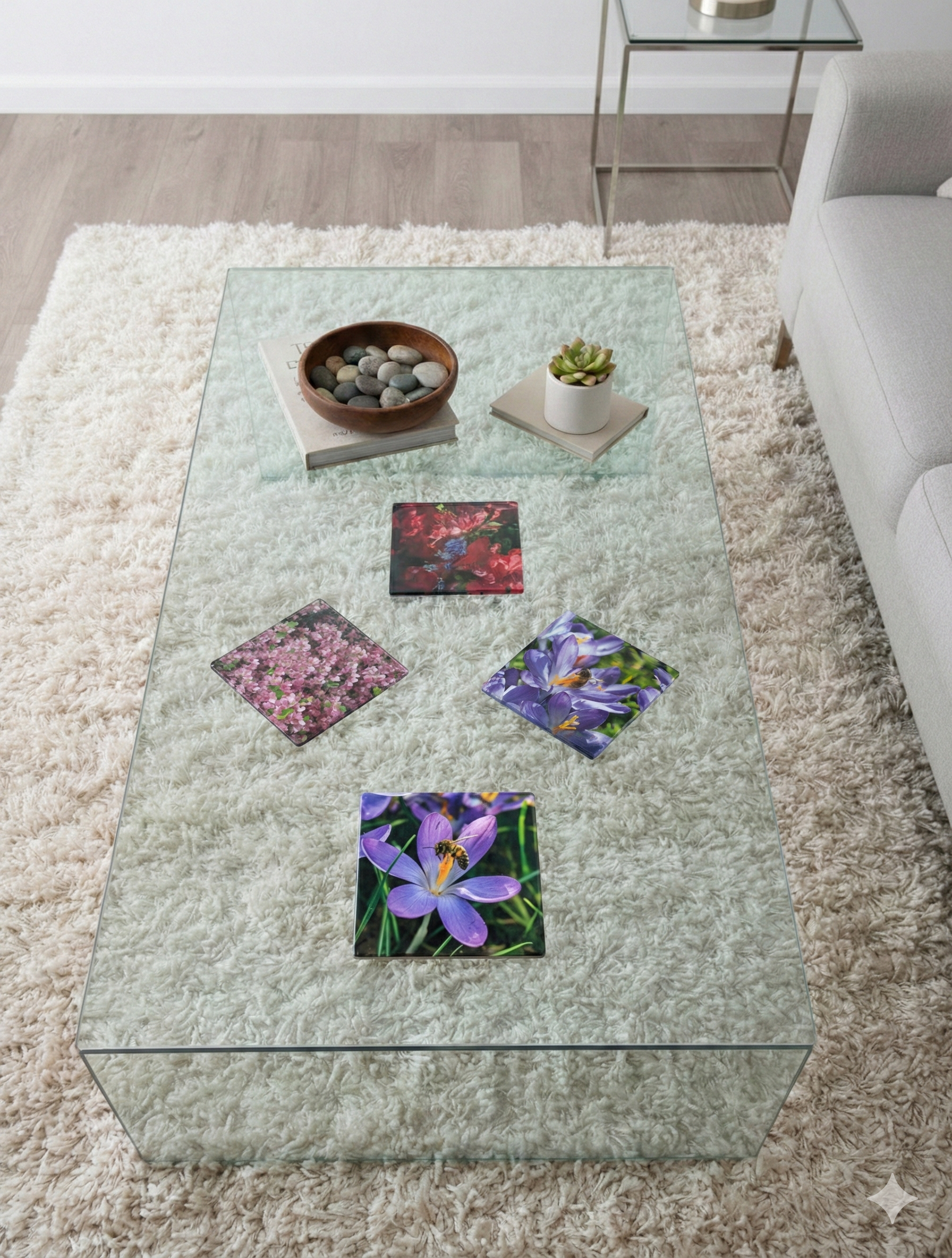 Glass coffee table with four floral coasters, a bowl of grey stones and a succulent on a soft, cream shaggy rug.