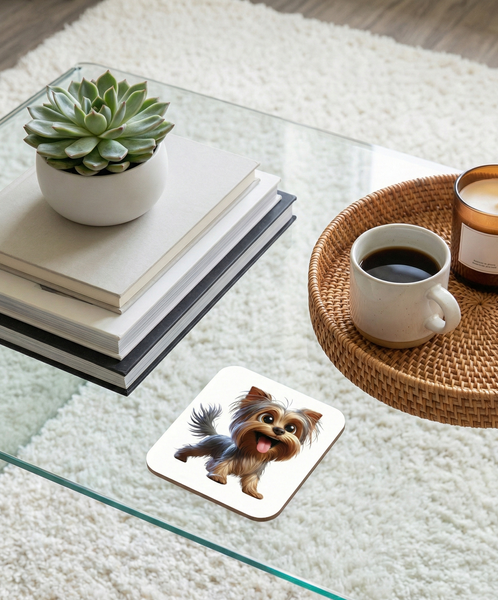 Yorkshire Terrier dog coaster on a glass table. A succulent pot and a coffee mug in a wicker tray are nearby.
