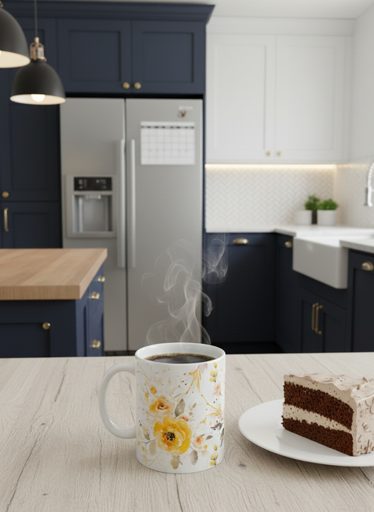 Steaming white floral mug, slice of layered cake, on a light wood surface. Navy blue kitchen cabinets and Grey fridge are behind.