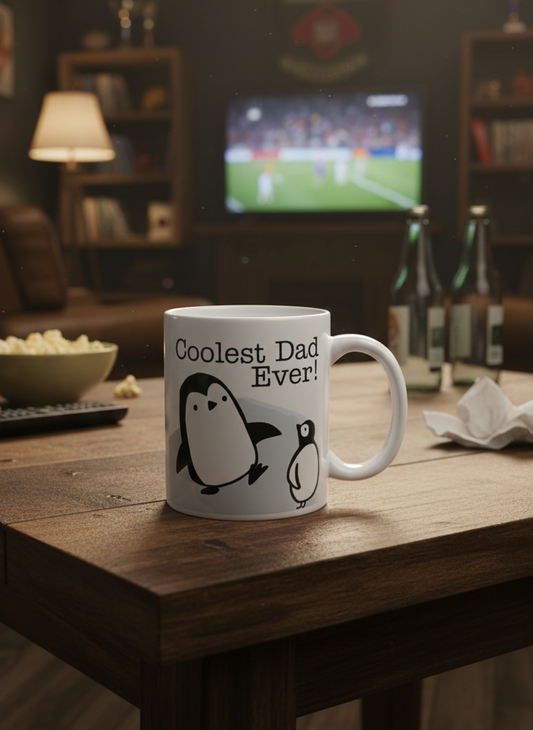 White cylindrical mug displaying black penguins and text, resting on a textured brown table near popcorn and green bottles.