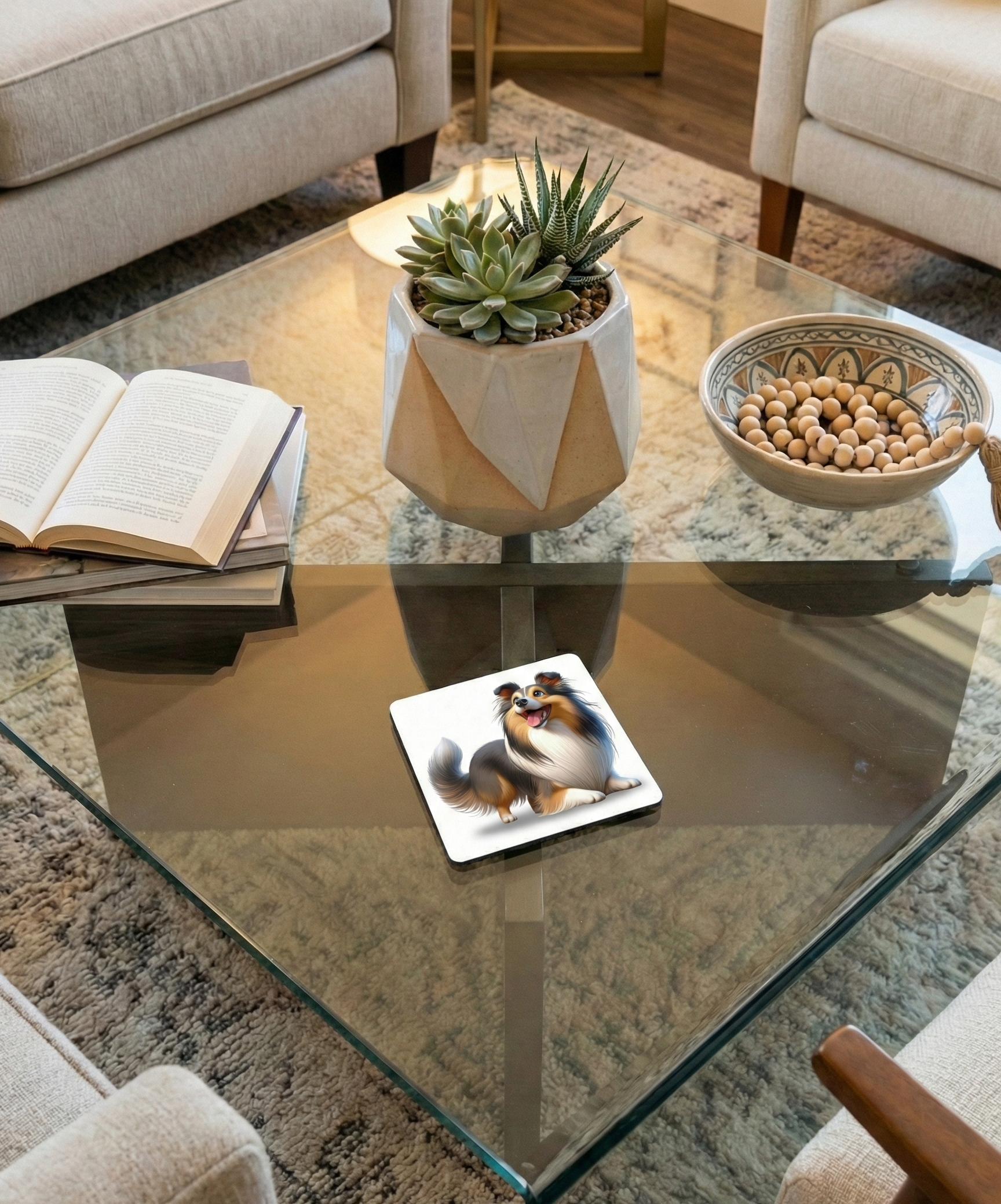 Shetland Sheepdog coaster with long, tri-colour fur on a glass table. Books and a succulent pot sit nearby.
