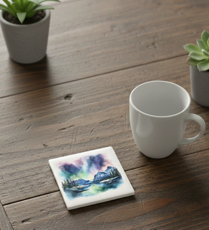 Close-up of a white square coaster featuring a colourful purple and green aurora over a snowy mountain landscape.