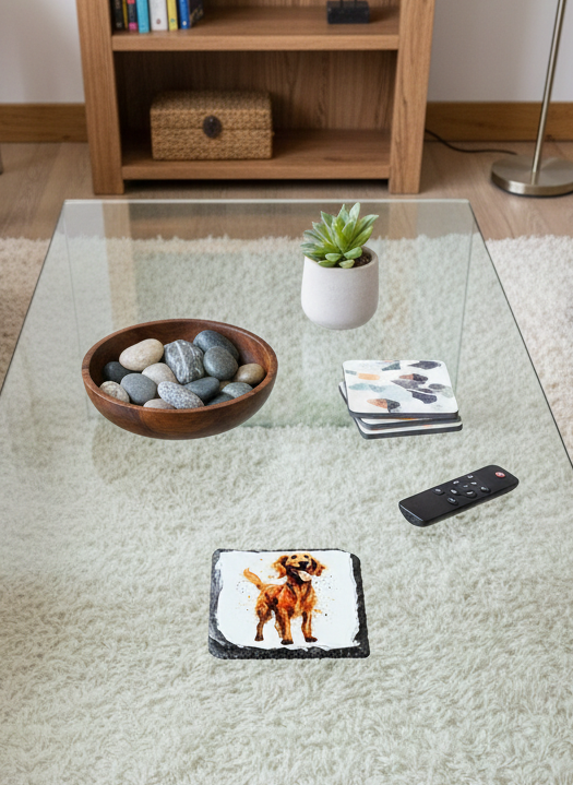 Slate coaster with a golden-brown dog, on a glass table next to a wooden bowl filled with smooth grey stones.
