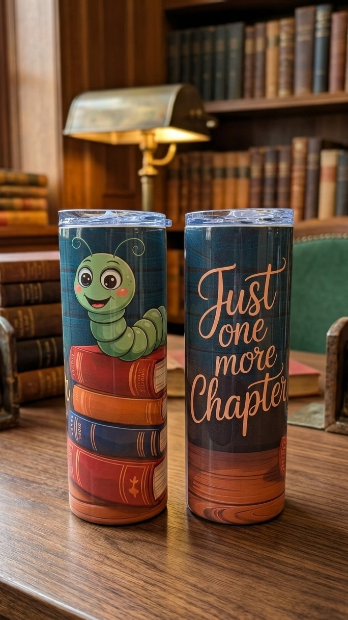 Two tumblers on a wooden desk. One shows a green bookworm on colourful books; the other has cream script on dark blue.