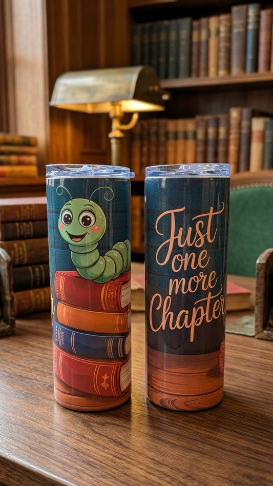 Two tumblers on a wooden desk. One shows a green bookworm on colourful books; the other has cream script on dark blue.