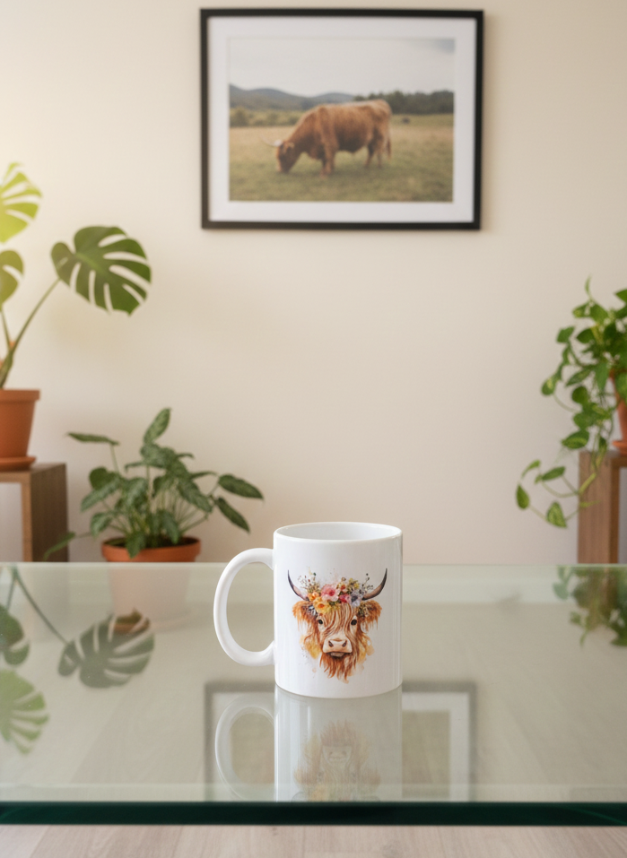 White ceramic mug on reflective glass features a watercolour Highland cow head wearing a colourful floral crown. Background has plants and a framed cow photo.