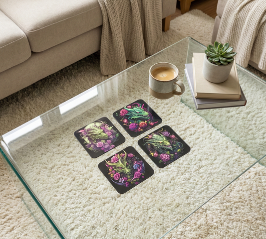 Four square black coasters depicting fluorescent green dragons and pink roses on a glass table over a cream shagpile rug.