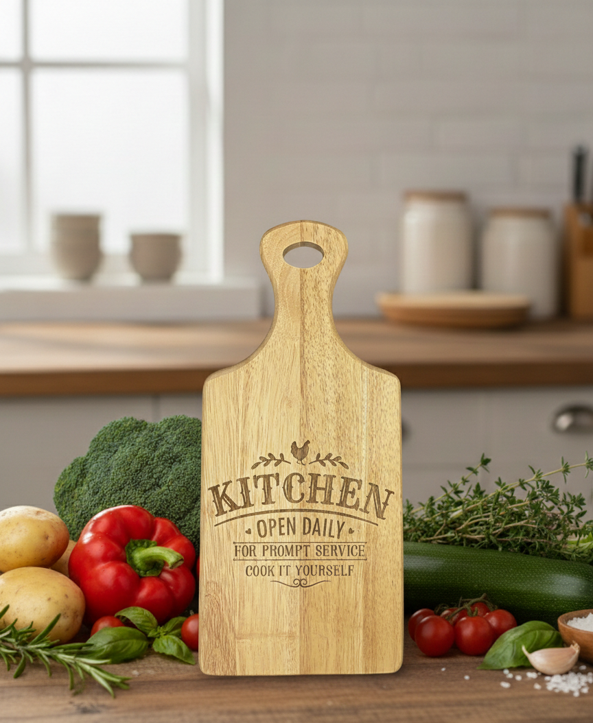 Tall, light wood cutting board, engraved 'KITCHEN' text, surrounded by fresh broccoli, peppers, and herbs.