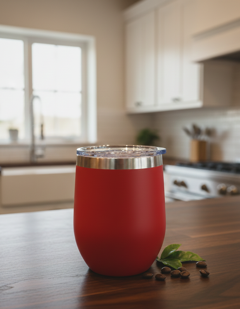 Vibrant matte red tumbler on a dark brown wooden counter. Shiny coffee beans and a small green leaf sit near the base.