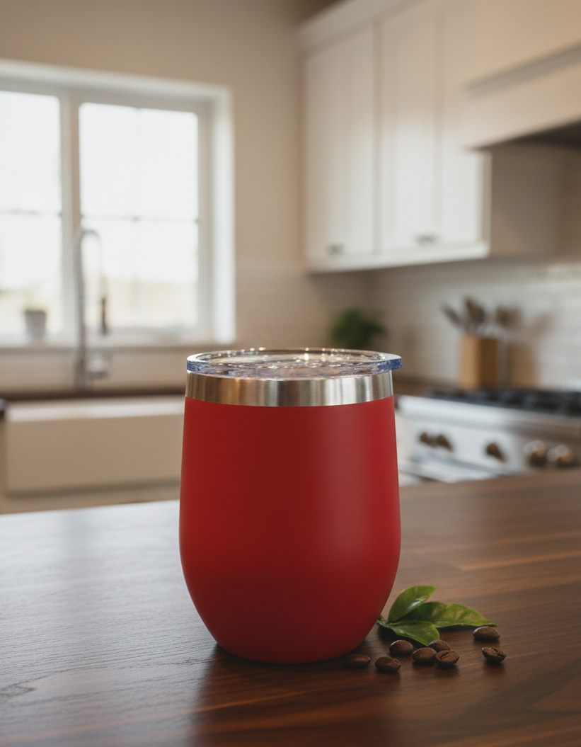 A matte red egg-shaped insulated tumbler rests on a dark brown wooden countertop beside coffee beans and a green leaf.